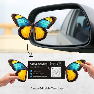 Könnte beinhalten: Ein Schmetterling mit gelben, blauen und braunen Flügeln befindet sich in der Nähe eines Autospiegels. Darunter wird eine Visitenkarte mit "Emaa Frames" und Kontaktinformationen gehalten. Canva-Vorlage editierbar.