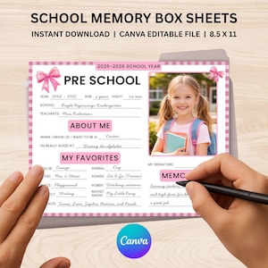 Kit de caja de recuerdos escolares con tapa, pestañas y etiqueta con el nombre de la caja, hojas para carpetas de recuerdos, páginas de hitos de Box Kids editables