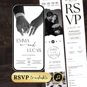 May include: A digital wedding invitation template displayed on a smartphone screen featuring a black and white photograph of two hands with wedding rings, the names Emma and Lucas, and event details for Saturday, July 22, 2027, at Oheka Castle.