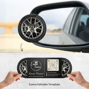 May include: A rectangular black business card featuring a graphic of a car wheel and tire on each side. The center displays the text Emaa Faames, Emaa Frames, Munich | Mobile Premium Detailing, a QR code, phone number, email, and website URL.