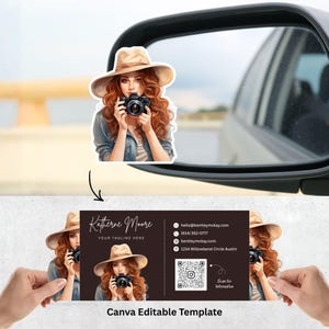 May include: A sticker and business card template featuring a woman with red hair and a hat holding a camera. The business card has the name "Katherine Moore", contact information, and a QR code. The text "Canva Editable Template" is at the bottom.