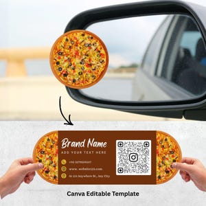 May include: A pizza-themed business card design with a brown background and a pizza graphic on each end. The card includes a QR code, contact information, and the text "Brand Name". The words "Canva Editable Template" are also visible.