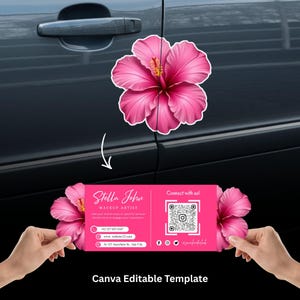 Modelo de cartão de visita com flor de hibisco rosa dobrada, cartão com código QR floral recortado, modelo para salão de beleza no Canva, download digital.