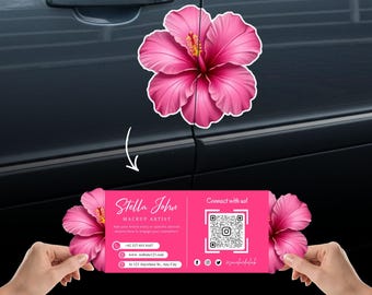 Gefaltete Rosa Hibiskus Blume Visitenkarte Vorlage, Gestanzte QR Code Karte mit Blumenmuster, Schönheitssalon Canva Vorlage, digitaler Download