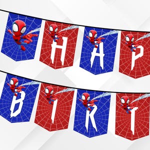May include: A banner with alternating red and blue pennants, each featuring a Spider-Man character and a white letter. The banner spells out "HAPPY BIRTHDAY" with a spiderweb design in the background.