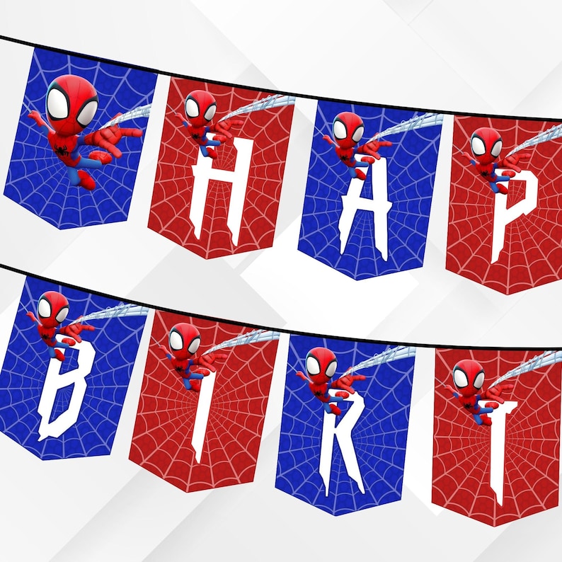 May include: A banner with alternating red and blue pennants, each featuring a Spider-Man character and a white letter. The banner spells out "HAPPY BIRTHDAY" with a spiderweb design in the background.