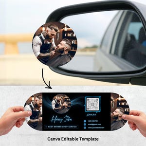 May include: A business card design for a barber shop, featuring a circular image of a barber and client in a mirror. The card has a black background with blue accents, the name "Harry John", and contact information.