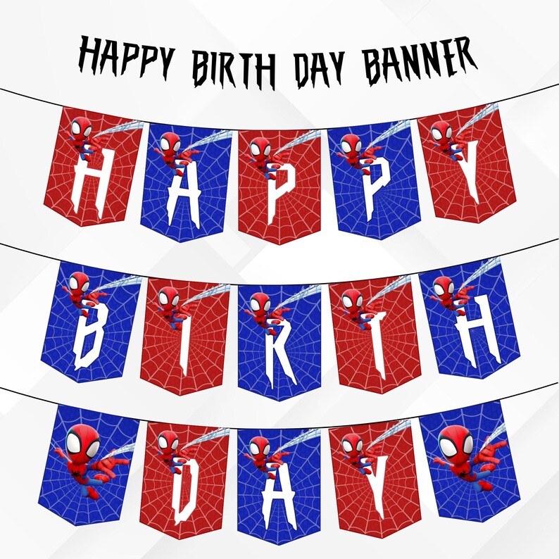May include: A festive banner with the words "HAPPY BIRTH DAY BANNER" in black, strung across a white background. The banner features red and blue pennants with the letters spelling out "HAPPY BIRTH DAY", and images of Spider-Man.