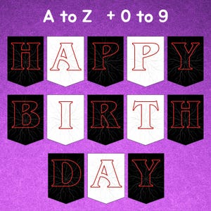 May include: A banner spelling out "HAPPY BIRTHDAY" in red outlined letters. The letters are on alternating black and white pennants. The background is a textured purple. The top of the image reads "A to Z + 0 to 9".
