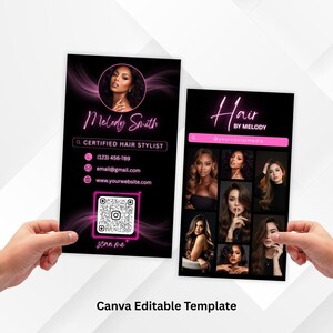 Szablon wizytówki fryzjera, różowy kod QR, edytowalny w Canva (pobranie cyfrowe)