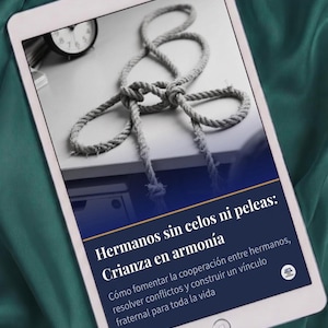 Puede incluir: Una tableta que muestra la portada de un libro con una cuerda anudada sobre un escritorio y un reloj analógico. El texto dice: "Hermanos sin celos ni peleas: Crianza en armonía. Cómo fomentar la cooperación entre hermanos, resolver conflictos y construir un vínculo fraternal para toda la vida."