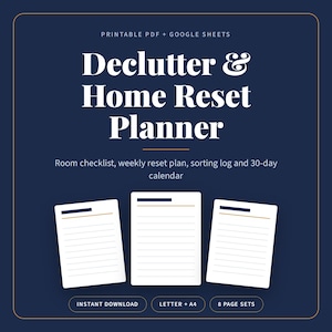 Puede incluir: Un planificador digital de organización y limpieza del hogar en formato PDF imprimible y Google Sheets. Incluye lista de tareas, plan semanal, registro de clasificación y calendario de 30 días sobre un fondo de color azul oscuro.