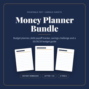 Puede incluir: Un paquete de planificador financiero digital con archivos PDF imprimibles y Google Sheets. El gráfico azul oscuro muestra el texto Money Planner Bundle, budget planner, debt payoff tracker, savings challenge, 50/30/20 budget guide, instant download, letter + A4 y 6 tools.
