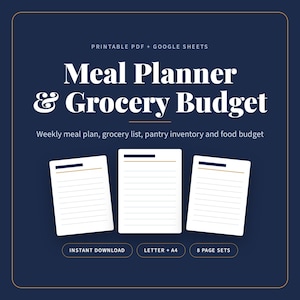 Puede incluir: Un conjunto de plantillas digitales de planificador de comidas y presupuesto de comestibles con tres páginas blancas rayadas sobre un fondo azul oscuro. El texto incluye "Meal Planner & Grocery Budget", "Weekly meal plan, grocery list, pantry inventory and food budget".
