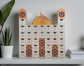 Ramadan Calendar Countdown - Luxurious Wooden Iftar Gift Tracker Eid Black White Gold Advent Calendar lighted battery operated