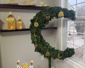 7 pcs Ramadan Eid Ornaments Set – Islamic Wooden & Gold Decorations | Arabic Ramadan Decor | Muslim Holiday Tree Ornaments (Set of 7)