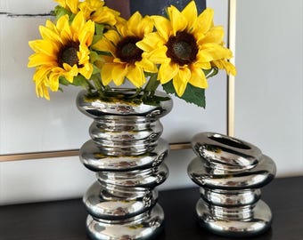 Silver Metallic Ceramic Vase Set, Modern Irregular Shape Vases, Luxury Home Decor, Contemporary Flower Vase Set of 2, Minimalist Centerpiece