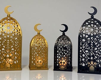 Islamic Lantern Candle Holder Set of 2, Ramadan Eid Decor, Black Gold Arabic Islamic Home Decor, Muslim Gift