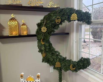 6 Ft Crescent Moon Tree, Ramadan Eid Islamic Home Decor, Large White Green Muslim Decoration 6 feet 180 cm with 7 pcs FREE wooden ornaments