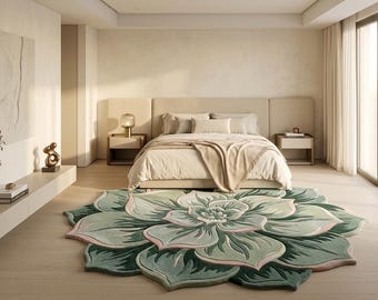 Handmade Wool Rug, Modern Area Rug, Luxury Floral Carpet, Organic Shape Tufted Rug, Sage Green Designer Rug for Living Room Decor