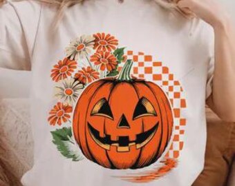 Geruite pompoen met retro bloemen, png-bestand: Halloween-clipart (digitale download)