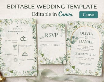 Zestaw zaproszeń ślubnych z motywem kwiatów i zieleni Edytowalny szablon Canva Elegancki zestaw RSVP z motywem botanicznym
