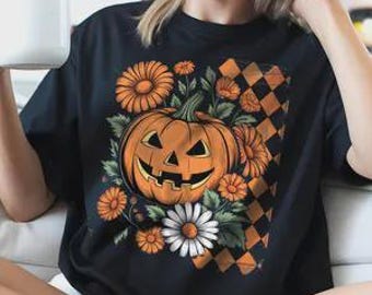 Retro bloemenpompoen PNG: grappige preppy Halloween-clipart (digitale download)
