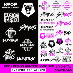 May include: A digital download graphic featuring various logos and text elements. The logos include the words "KPOP DEMON HUNTERS", "SAJA BOYS", and "HUNTRIX", along with a lion head design. The color scheme is black, white, and pink.