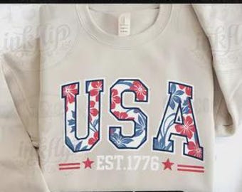 Bluza uniwersytecka z motywem kwiatowym USA, patriotyczny okrągły dekolt, odzież amerykańska, założona w 1776 r.
