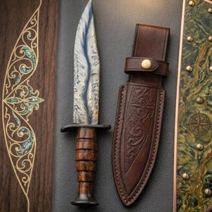 Cuchillo de caza artesanal de acero de Damasco con plumas y funda de cuero trabajada a mano: regalo de aniversario personalizado para él, daga de lujo para actividades al aire libre.