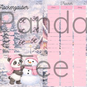 Könnte beinhalten: Ein rosa-weißes Winter-Themen-Planer mit einem verschneiten Landschaftshintergrund. Die linke Seite zeigt den Text "Flockenzauber" und Illustrationen eines Pandas und eines Schneemanns. Die rechte Seite hat einen Tracker.
