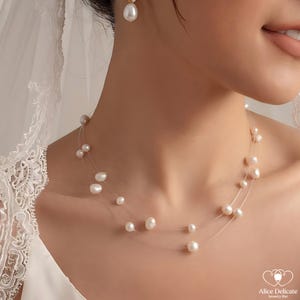 Multi-Layered Freshwater Pearl Necklace, Floating Pearl Bridal Necklace, Illusion Multi-Strand Pearl Choker, Wedding Jewellery Gift for Her