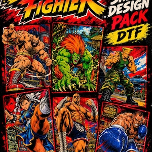Peut inclure: Un pack de 12 motifs de t-shirt Street Fighter DTF avec des illustrations vibrantes de personnages comme Zangief, Blanka, Guile, Chun-Li, Sagat et Balrog. Le graphique inclut le texte Street Fighter, 12 Shirt Design Pack DTF et 12 Unique Designs.