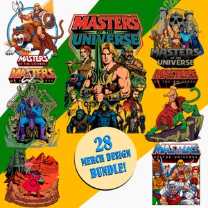 Könnte beinhalten: Eine digitale Sammlung von Masters of the Universe Grafikillustrationen mit He-Man, Skeletor und verschiedenen Charakteren in Action-Posen. Ein zentrales kreisförmiges Abzeichen zeigt den Text 28 MERCH DESIGN BUNDLE in blauen Buchstaben.