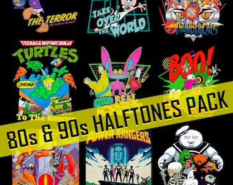 T-shirt Design Bundle | 9 Vintage 80s & 90s Cartoons Movies | Halftones | 300 DPI PNG