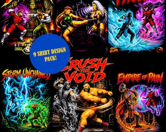 Retro Fighting Videogames Crossover | Pack of 9 png Shirt designs dtf | Halftones
