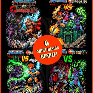 May include: A digital graphic featuring four distinct Masters of the Universe versus Thundercats battle scenes with vibrant character illustrations, glowing energy effects, and a central orange circle containing the text 6 SHIRT DESIGN BUNDLE!