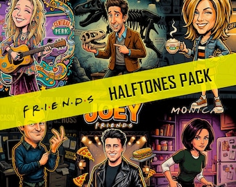 Friends TV Series Inspired Ross Phoebe Rachel Joey Chandler Shirt design pack of 6 PNG DTF Halftones Digital Download Artwork