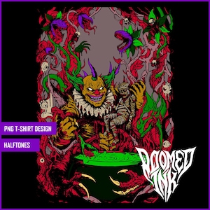 May include: A graphic t-shirt design featuring a menacing clown with green hair and a ruffled collar holding a mummy figure over a bubbling green cauldron. The scene is surrounded by purple carnivorous plants, red vines, and eyeballs on a dark background.