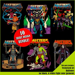 May include: A digital bundle of six Masters of the Universe graphic designs featuring various characters like Skeletor, Trap Jaw, and Orko. The artwork includes vibrant colours, detailed character illustrations, and the Masters of the Universe logo.