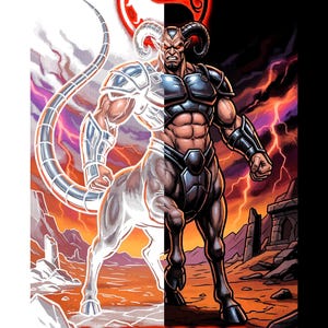 May include: Illustration of Motaro, a centaur-like character from Mortal Kombat, split down the middle with a white and black background. The character is muscular with horns and armor. The Mortal Kombat logo is at the top.