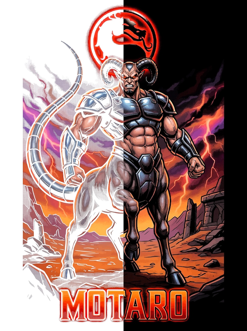 May include: Illustration of Motaro, a centaur-like character from Mortal Kombat, split down the middle with a white and black background. The character is muscular with horns and armor. The Mortal Kombat logo is at the top.