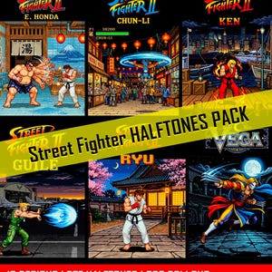 May include: A collection of Street Fighter II character designs in a pixel art style. The images feature characters like E. Honda, Chun-Li, Ken, Guile, Ryu, and Vega, with vibrant colors and action poses. The text "Street Fighter HALFTONES PACK" is also visible.