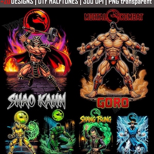 May include: Digital designs featuring characters from Mortal Kombat. Includes Shao Kahn wielding a hammer, Goro with four arms, Cyrax, Reptile, Shang Tsung, and Raiden. The designs are in vibrant colors with the text "Mortal Kombat".