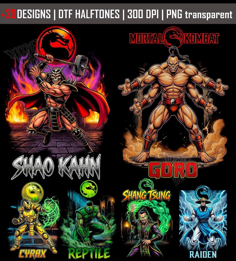 May include: Digital designs featuring characters from Mortal Kombat. Includes Shao Kahn wielding a hammer, Goro with four arms, Cyrax, Reptile, Shang Tsung, and Raiden. The designs are in vibrant colors with the text "Mortal Kombat".