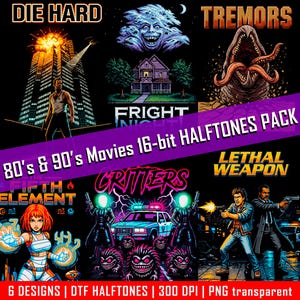 Op de afbeelding: Een verzameling ontwerpen met het thema films uit de jaren 80 en 90. De afbeelding toont graphics van "Die Hard", "Tremors", "Fright Night", "Critters", "Lethal Weapon" en "The Fifth Element". De tekst luidt "80's & 90's Movies 16-bit HALFTONES PACK."