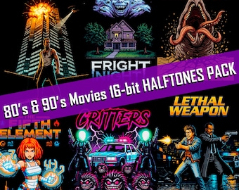 DTF Pack of 6 Vintage 16-Bit 80s & 90s Classic Movies (Die Hard Tremors Lethal Weapon) T-shirt Designs | Halftones PNG (Digital Download)