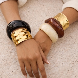 Chunky Statement Bangle Bracelet, Resin Bangle and Gold Cuff Bracelet, Bold Stackable Bangles, Modern Minimalist Jewelry Trend