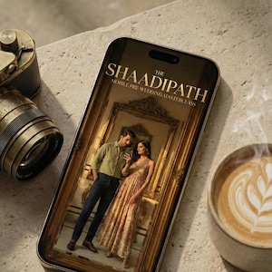 May include: A smartphone displays a wedding photo with the text "SHAADIPATH" and "MOBILE PRE WEDDING MASTERCLASS". The phone is next to a camera lens and a cup of coffee with latte art. The text "The Ultimate DIY Photoshoot Guide" is at the top.