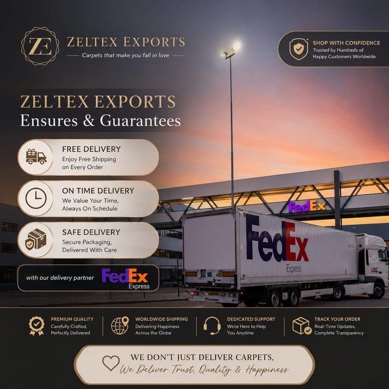 May include: A promotional graphic for Zeltex Exports featuring a white FedEx Express semi-truck parked at a facility during sunset. The text includes company branding, service guarantees, and delivery information with icons for shipping and support.
